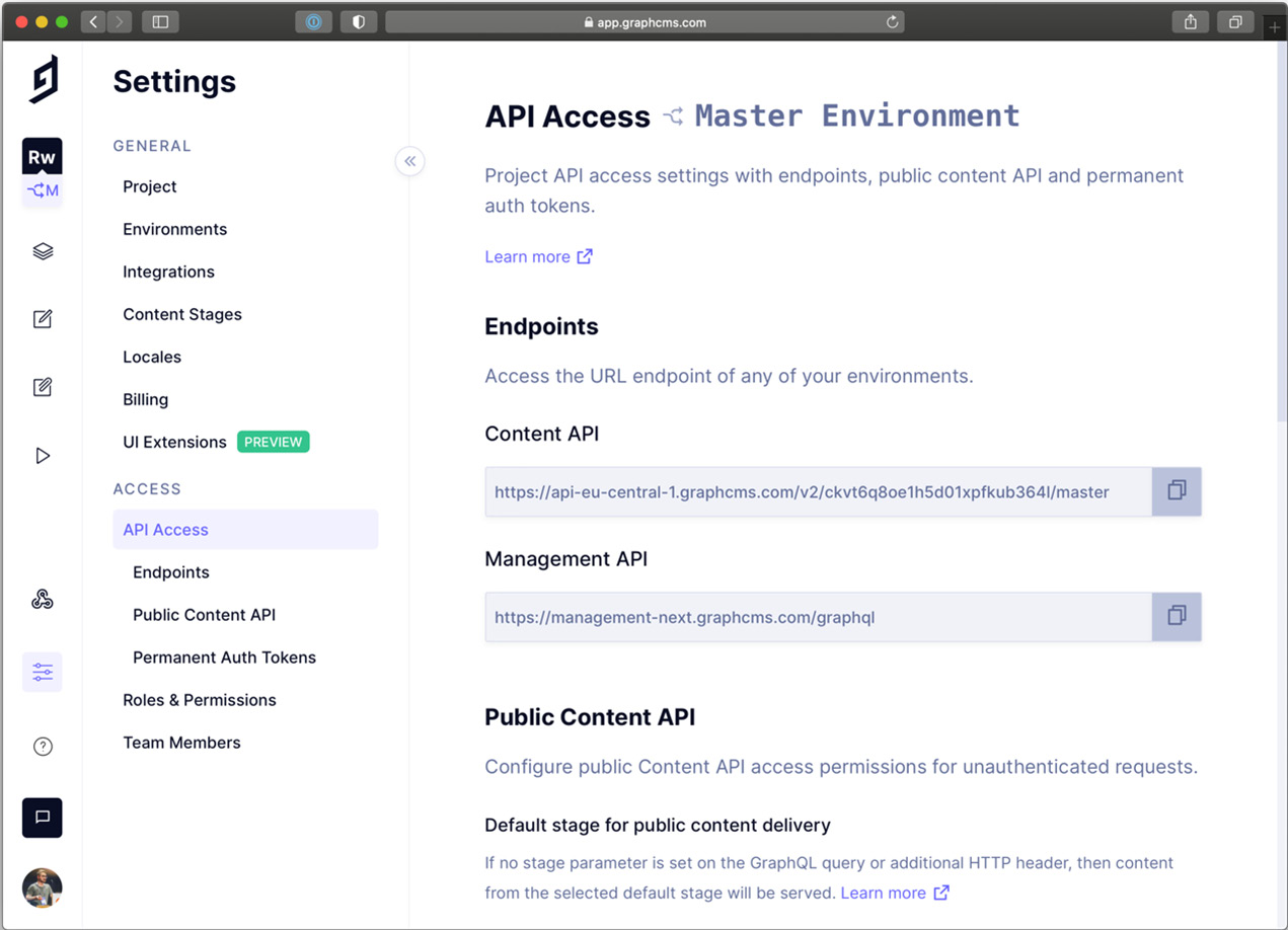 Figure 13.2 – API access management in GraphCMS 