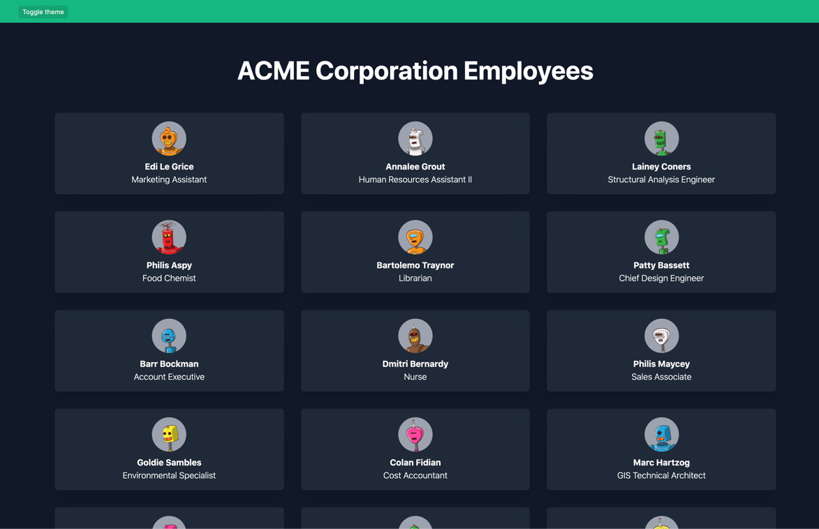 Figure 7.10 – Employee directory built with TailwindCSS (dark theme) 