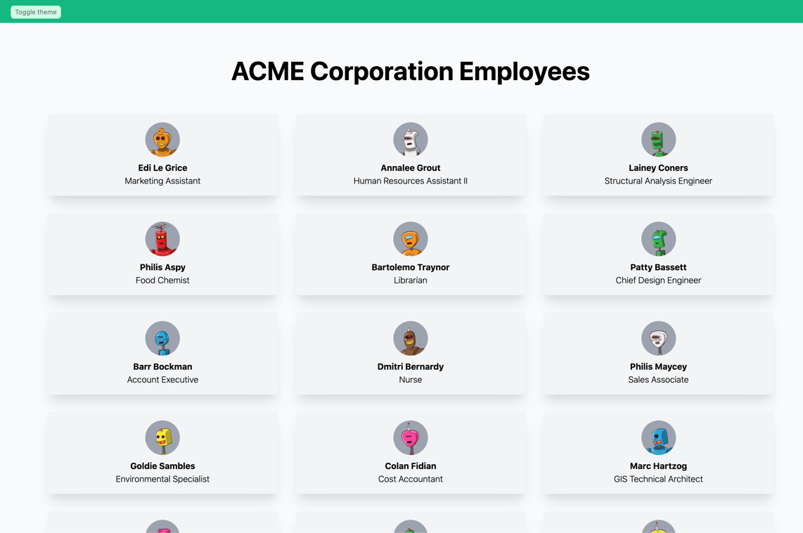 Figure 7.9 – Employee directory built with TailwindCSS (light theme) 
