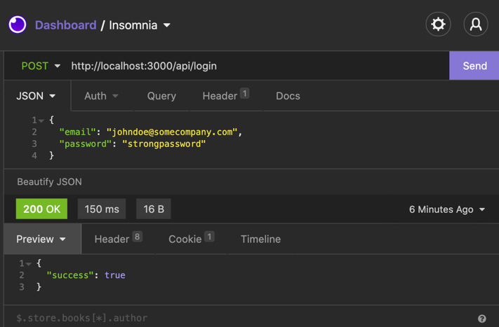 Figure 12.2 – The login API response in Insomnia 