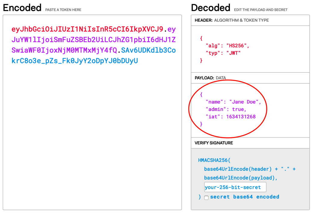 Figure 12.1 – Editing the JWT token on https://jwt.io 