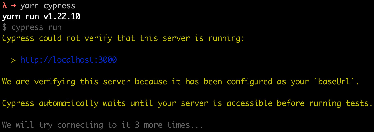 Figure 9.2 – Cypress cannot connect to the server 