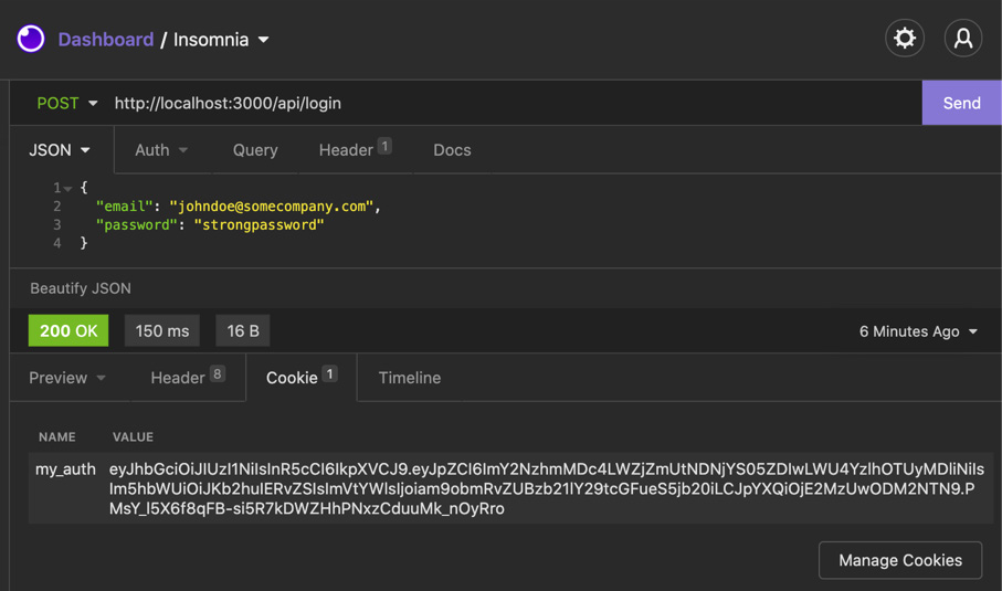 Figure 12.3 – The authentication cookie in Insomnia 