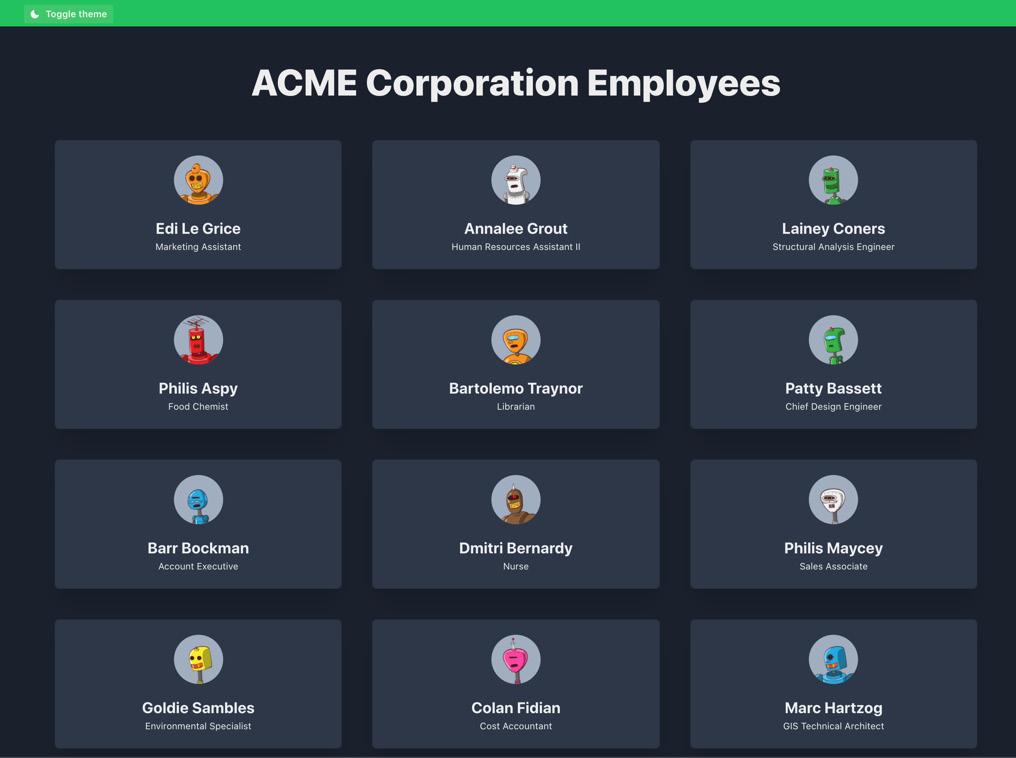 Figure 7.5 – Employee directory home page in dark mode 
