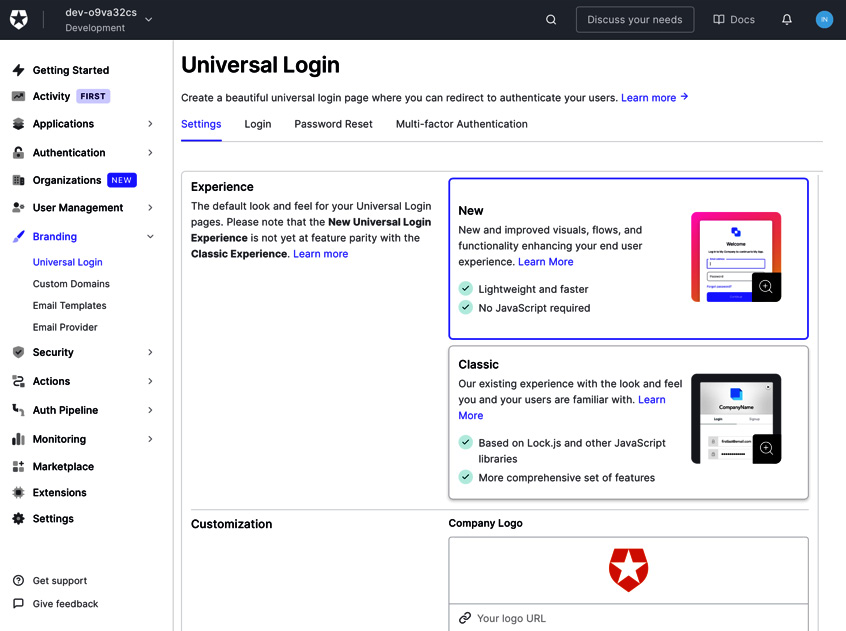 Figure 12.6 – The Auth0 branding section 