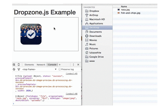 The DropzoneJS widget in action