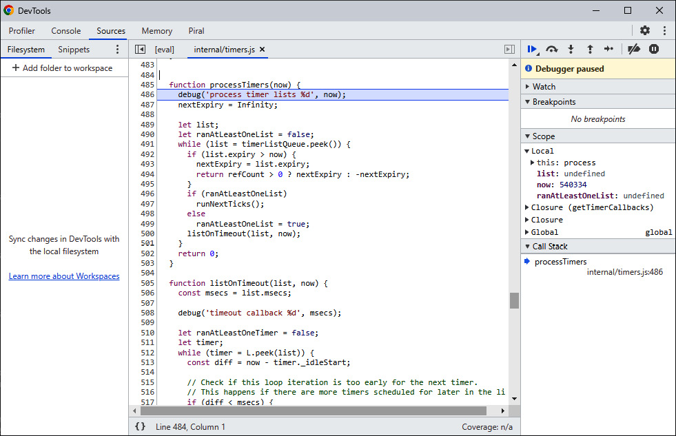 Figure 1.6 – Debugging a Node.js script in the Chrome DevTools 