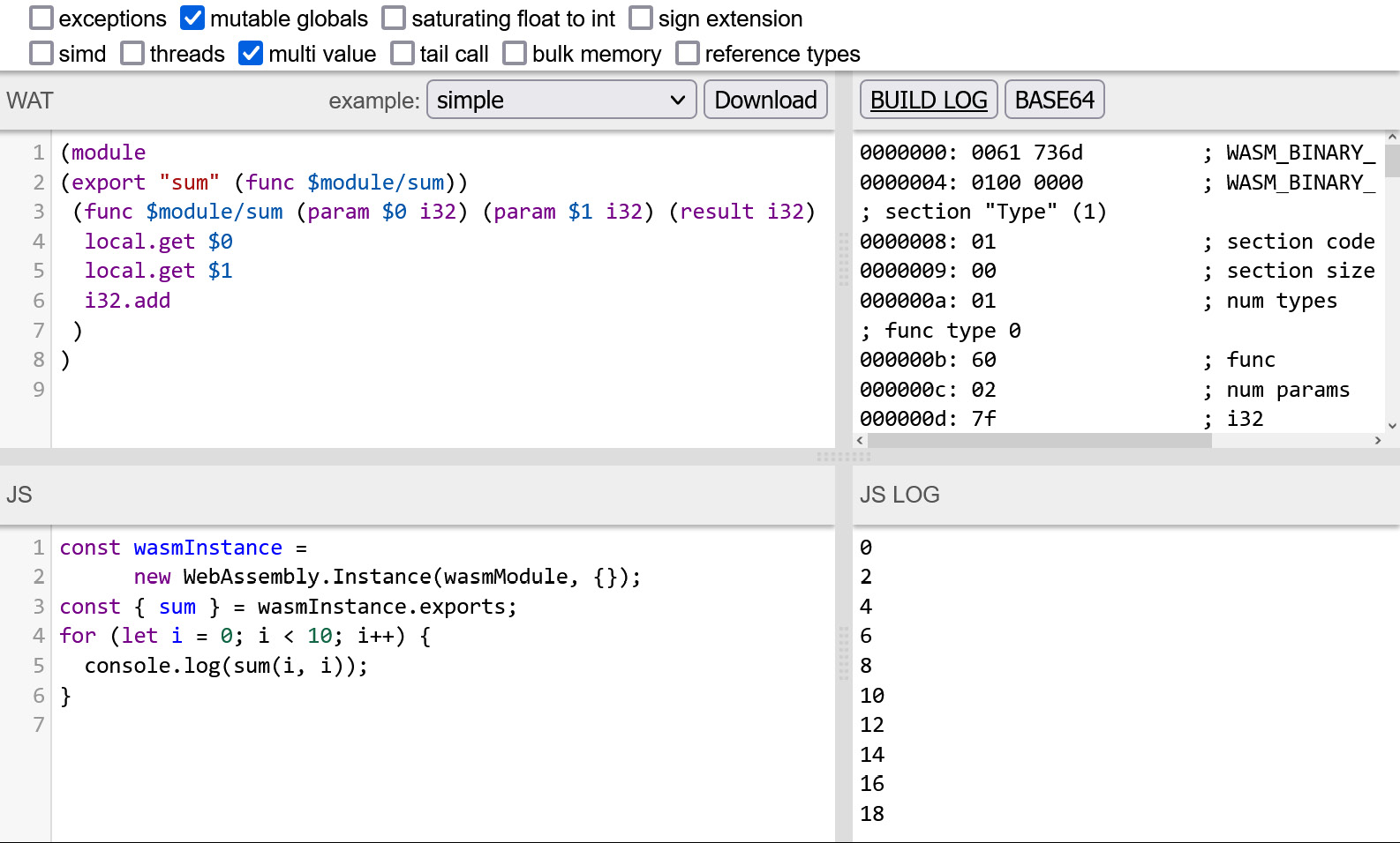 Figure 10.2 – The wat2wasm online tool applied to our example 
