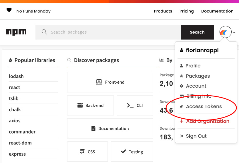Figure 8.1 – The view on npmjs.com once logged in 