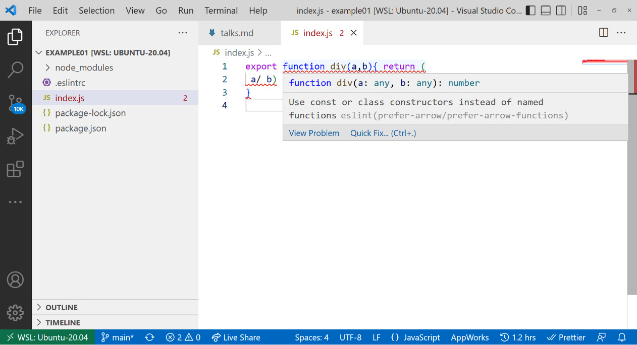Figure 5.2 – ESLint integration reporting issues in VS Code 