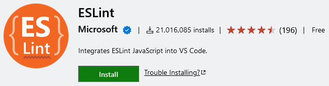 Figure 5.1 – Entry of the official ESLint extension on the VS Code Marketplace 