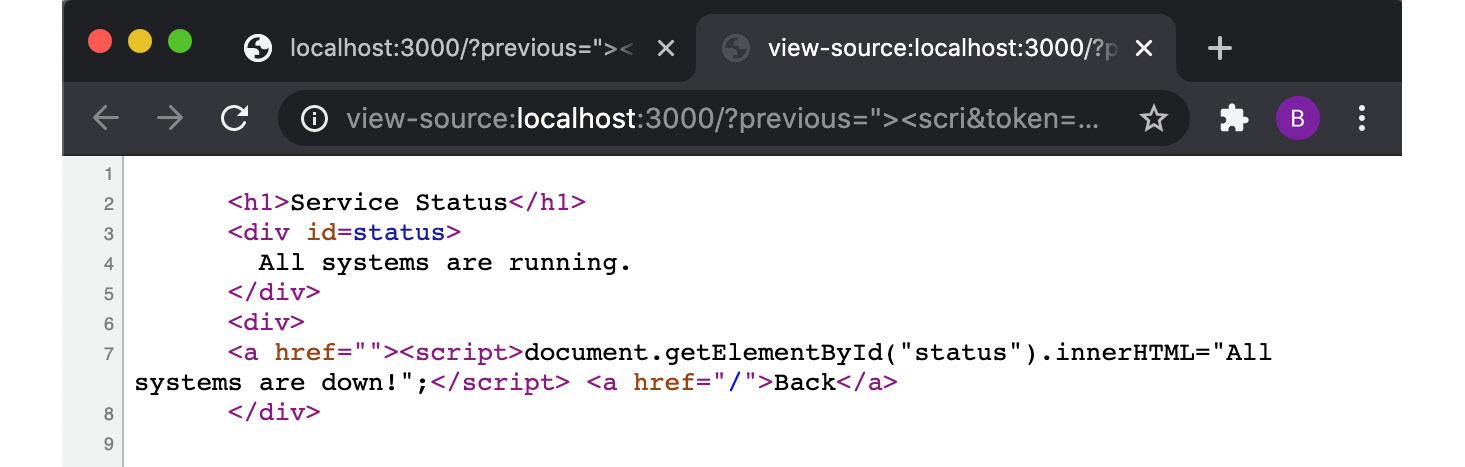 Figure 9.11 – View Page Source showing the injected JavaScript 
