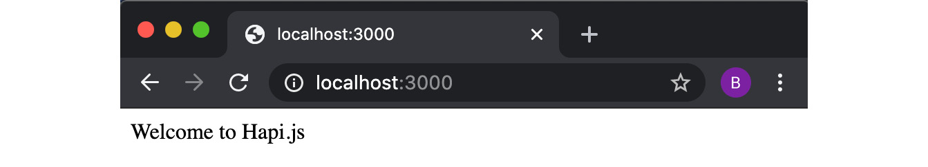 Figure 6.8 – Browser windows depicting the string "Welcome to Hapi.js" 