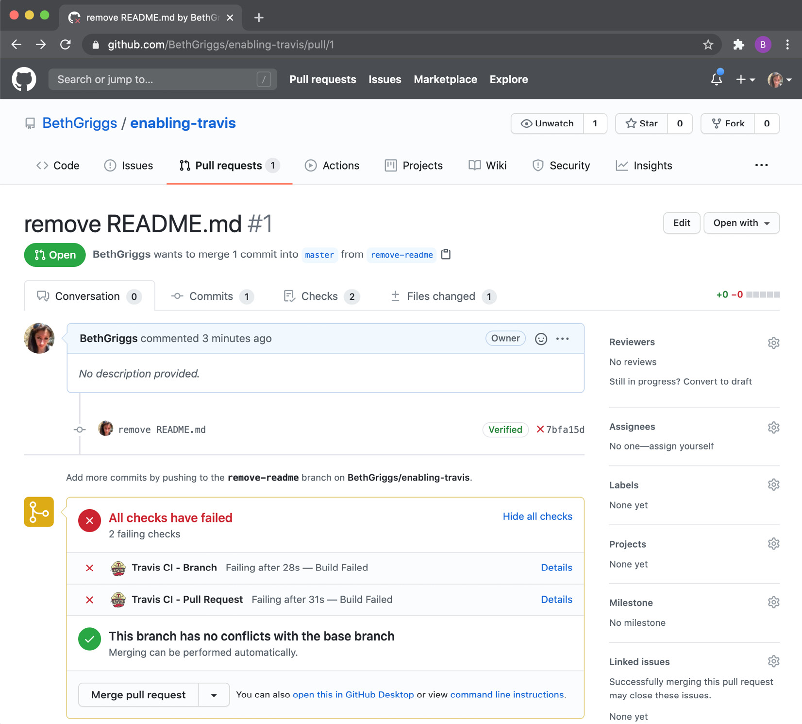 Fig. 8.11 – GitHub pull request interface showing Travis CI build failures 