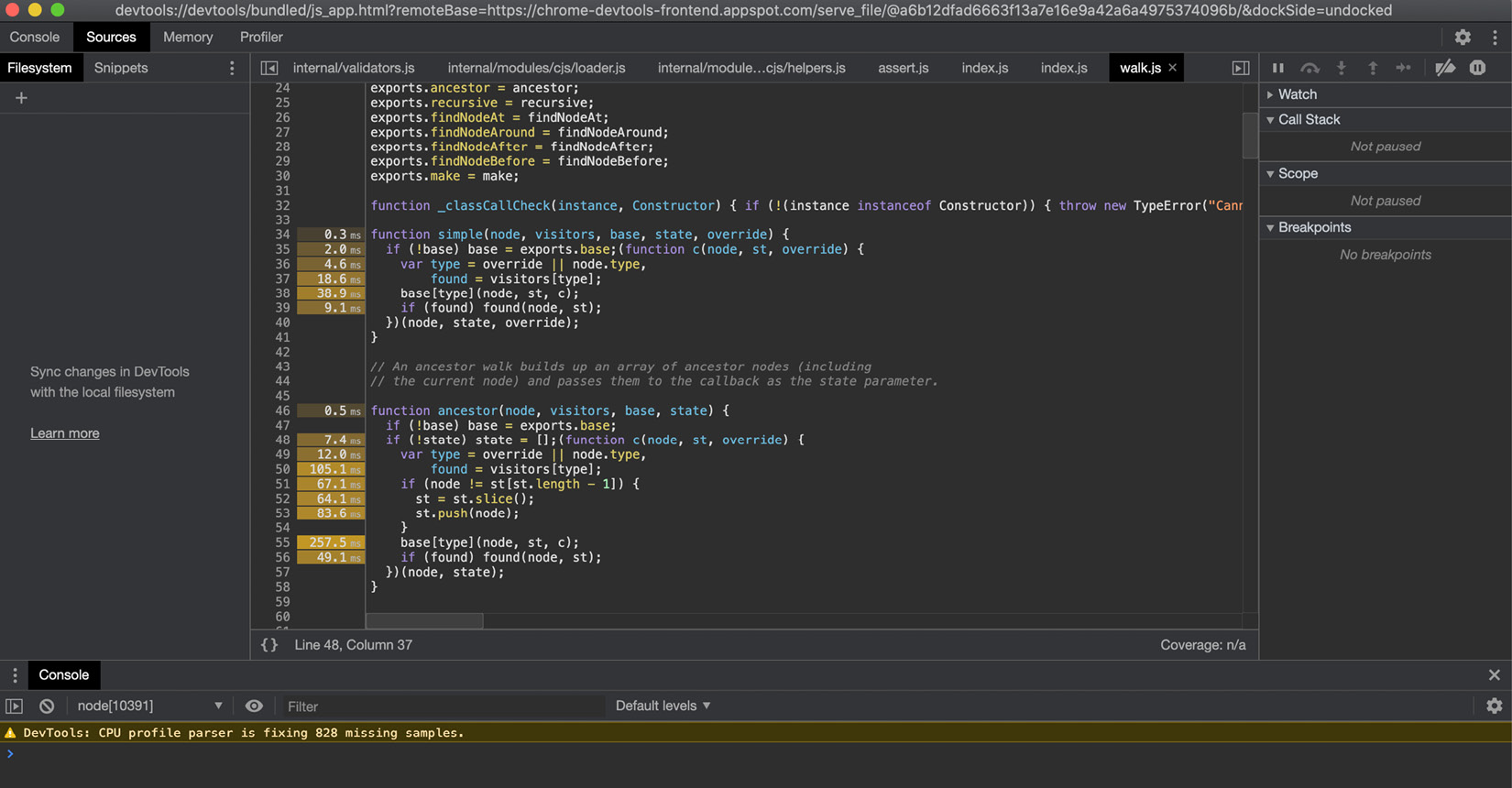 Figure 10.17 – Chrome DevTools code interface with timings 