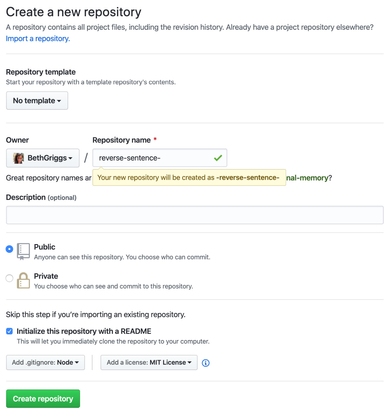 Fig. 5.3 The GitHub Create a new repository interface 