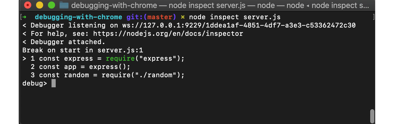 Figure 12.8 – Terminal window depicting the Node.js inspector utility 