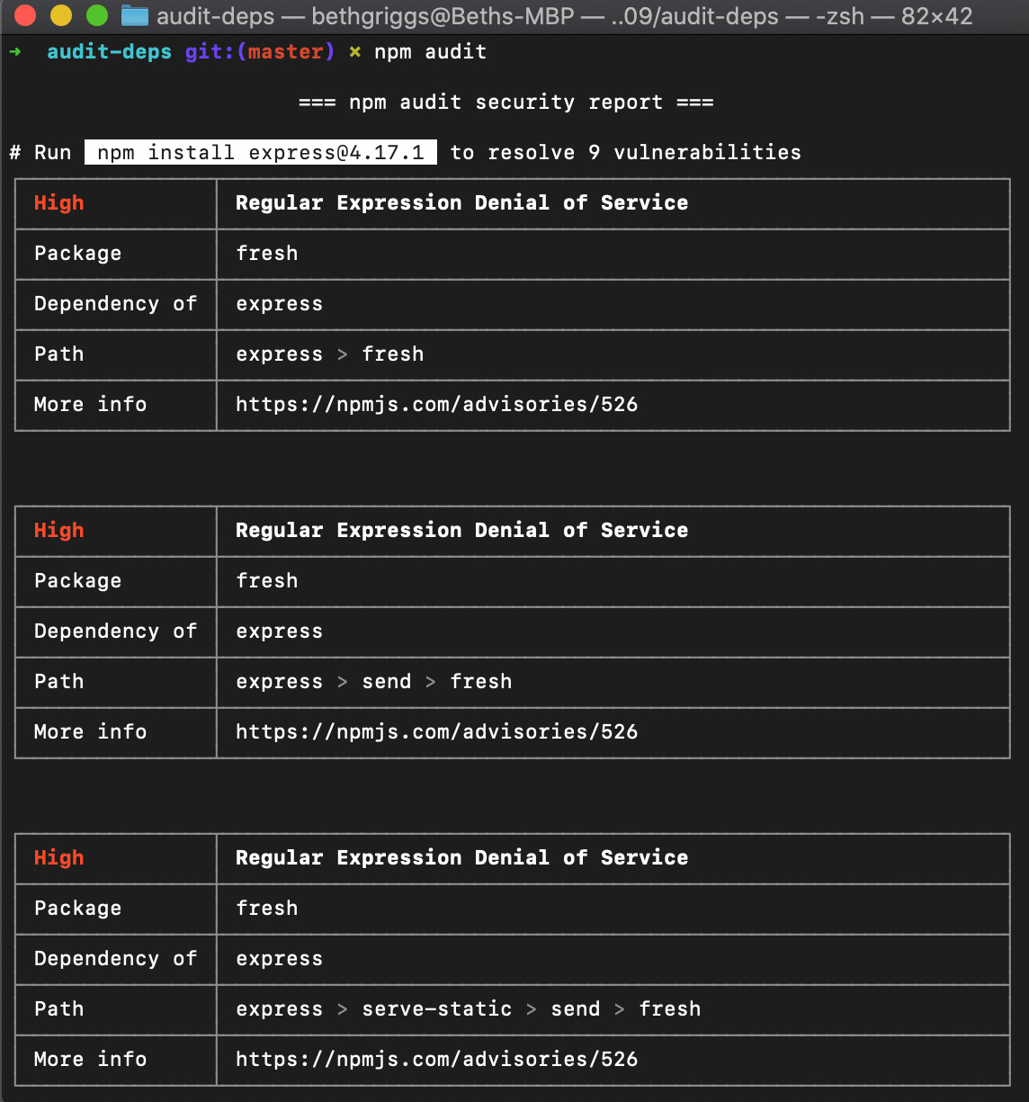 Figure 9.1 – npm audit output for express@4.15.0 