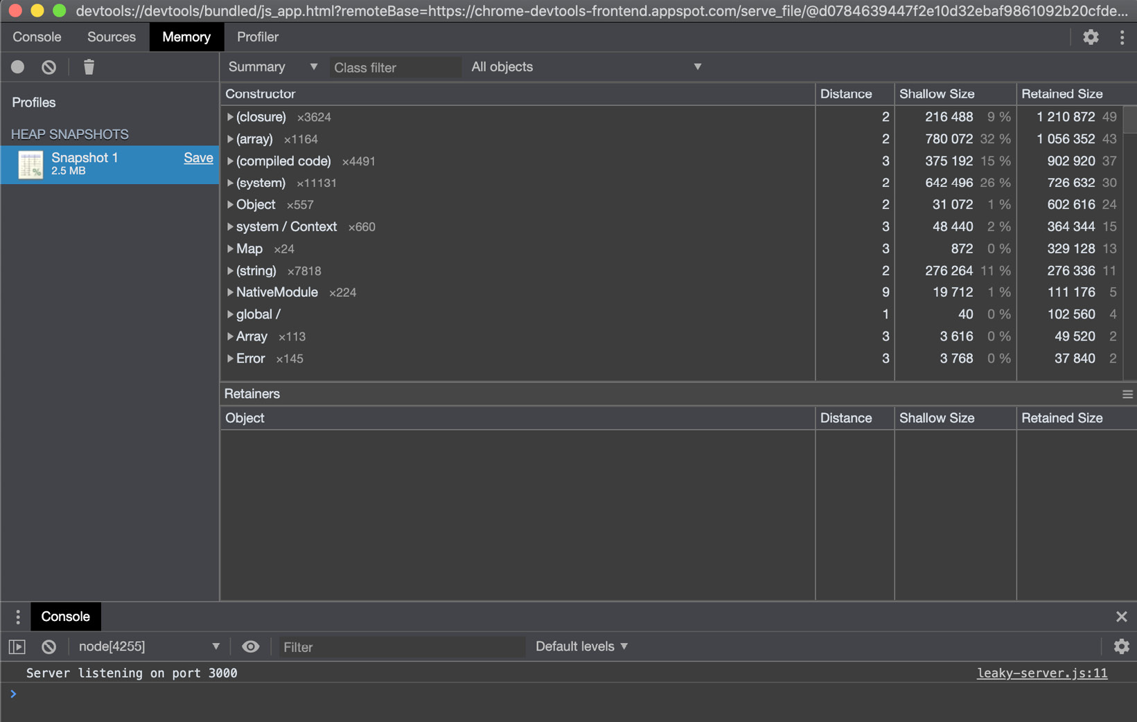 Figure 10.20 – Chrome DevTools memory snapshot interface 