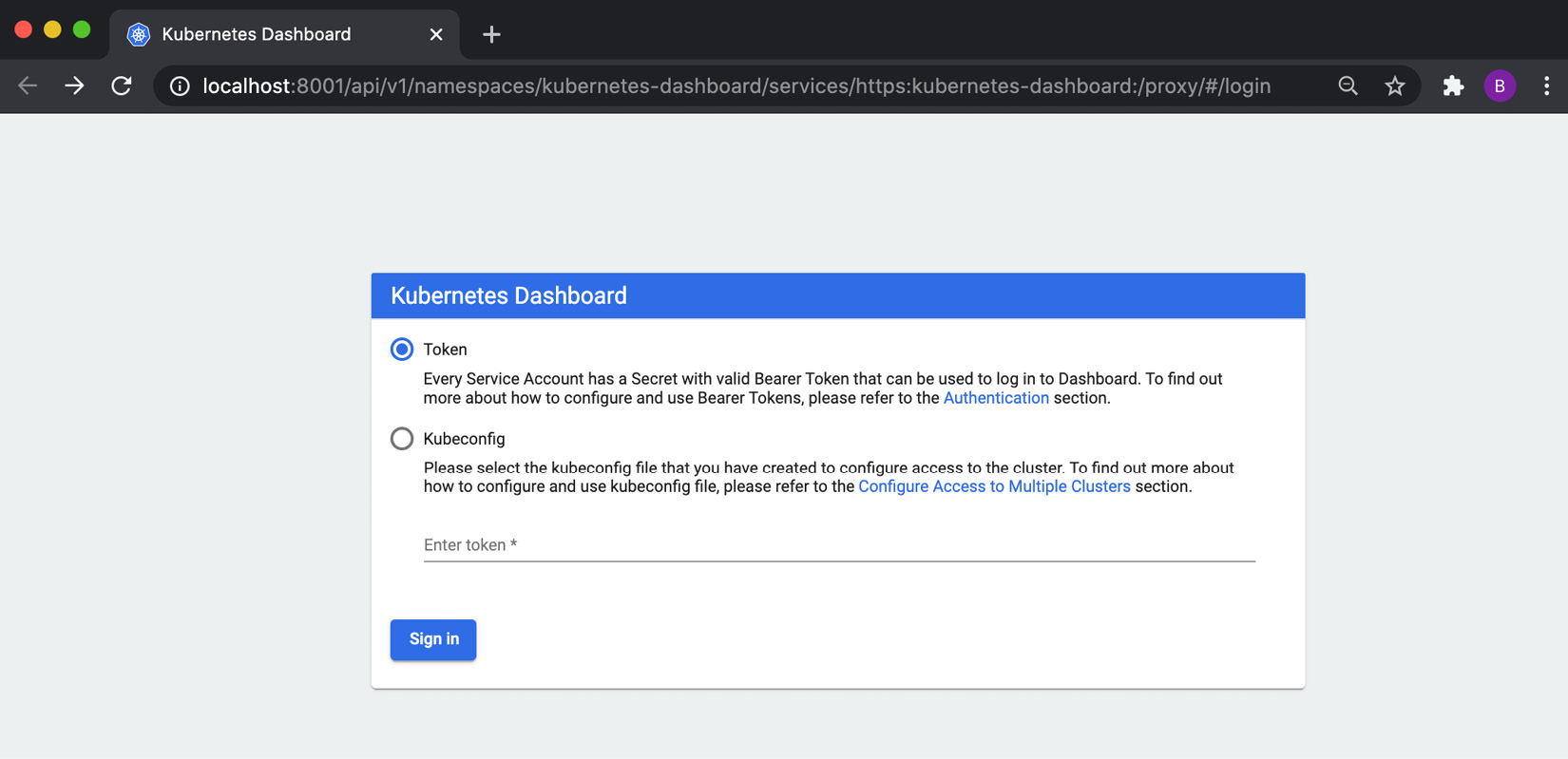 Figure 11.21 – Kubernetes Dashboard Sign in web page 