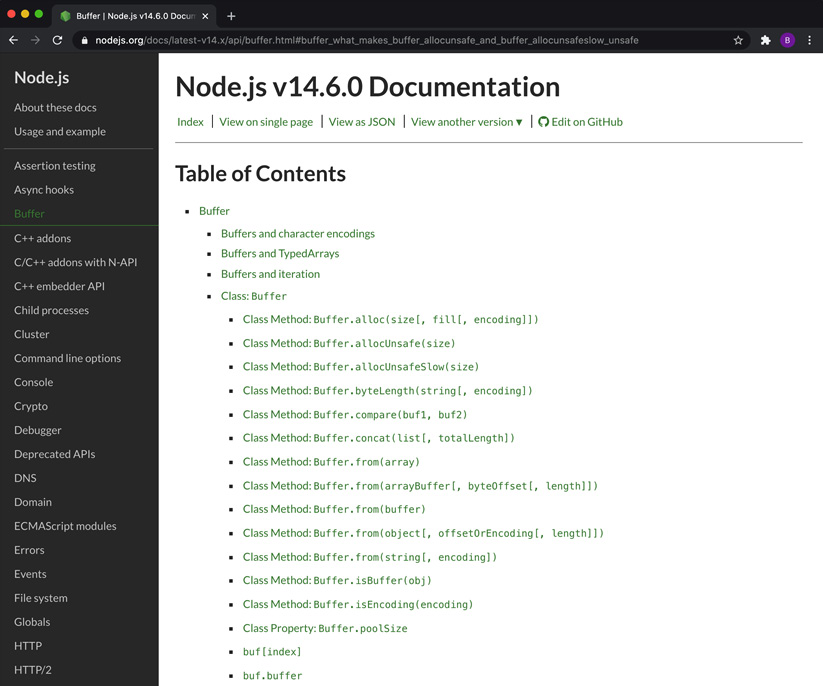 Figure 1.5 – Node.js API documentation showing the Buffer class definition  