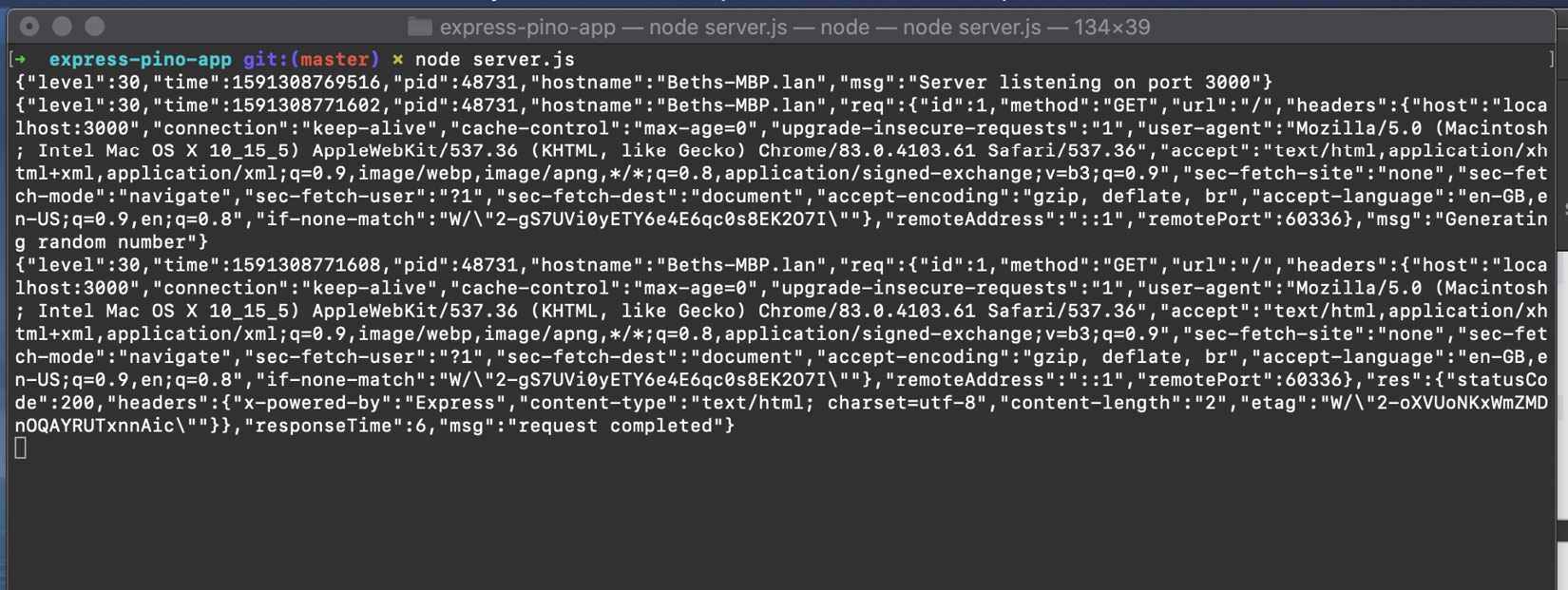 Figure 12.9 – Screenshot showing the Terminal with Pino log message output 
