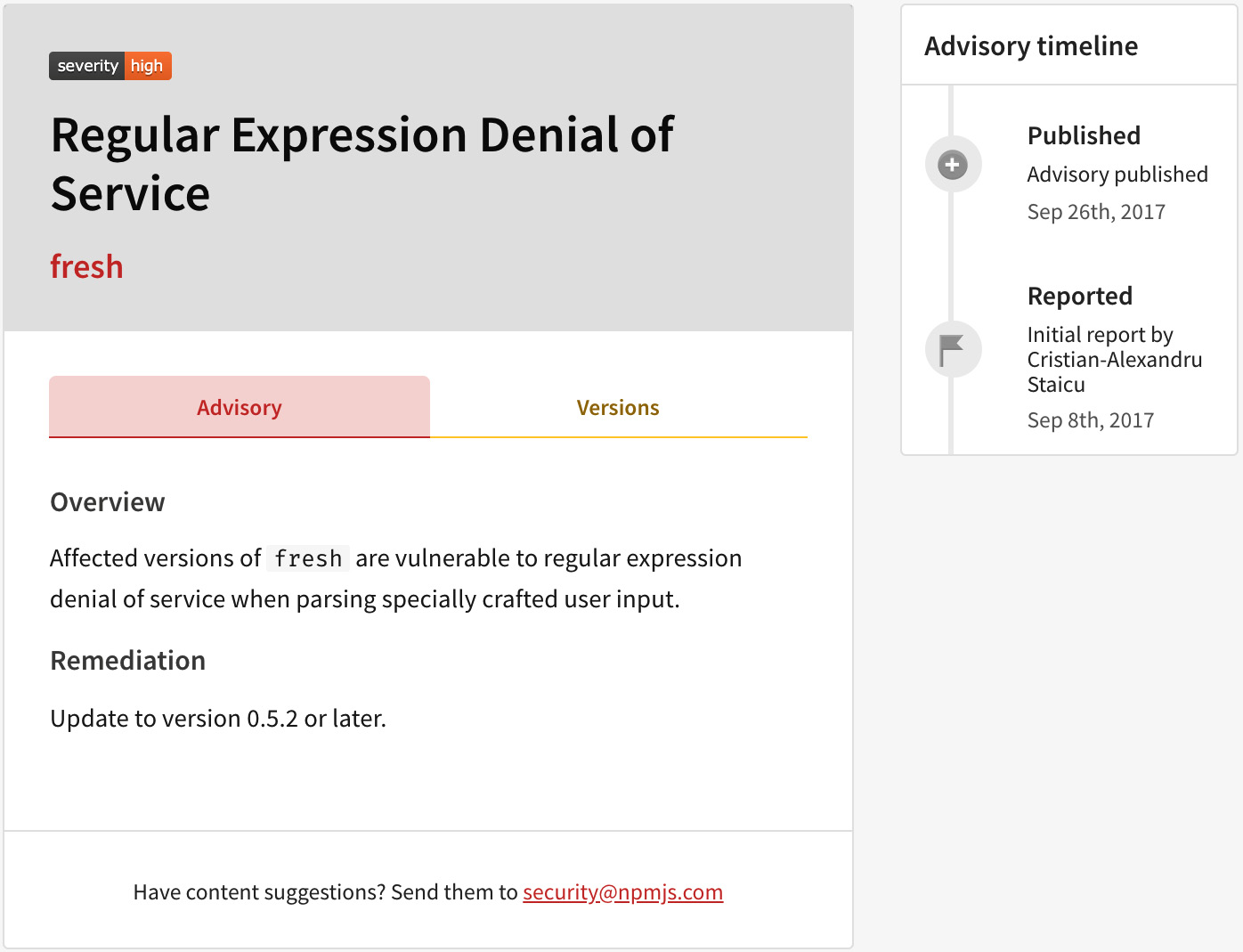 Figure 9.2 – Example npm vulnerability advisory 