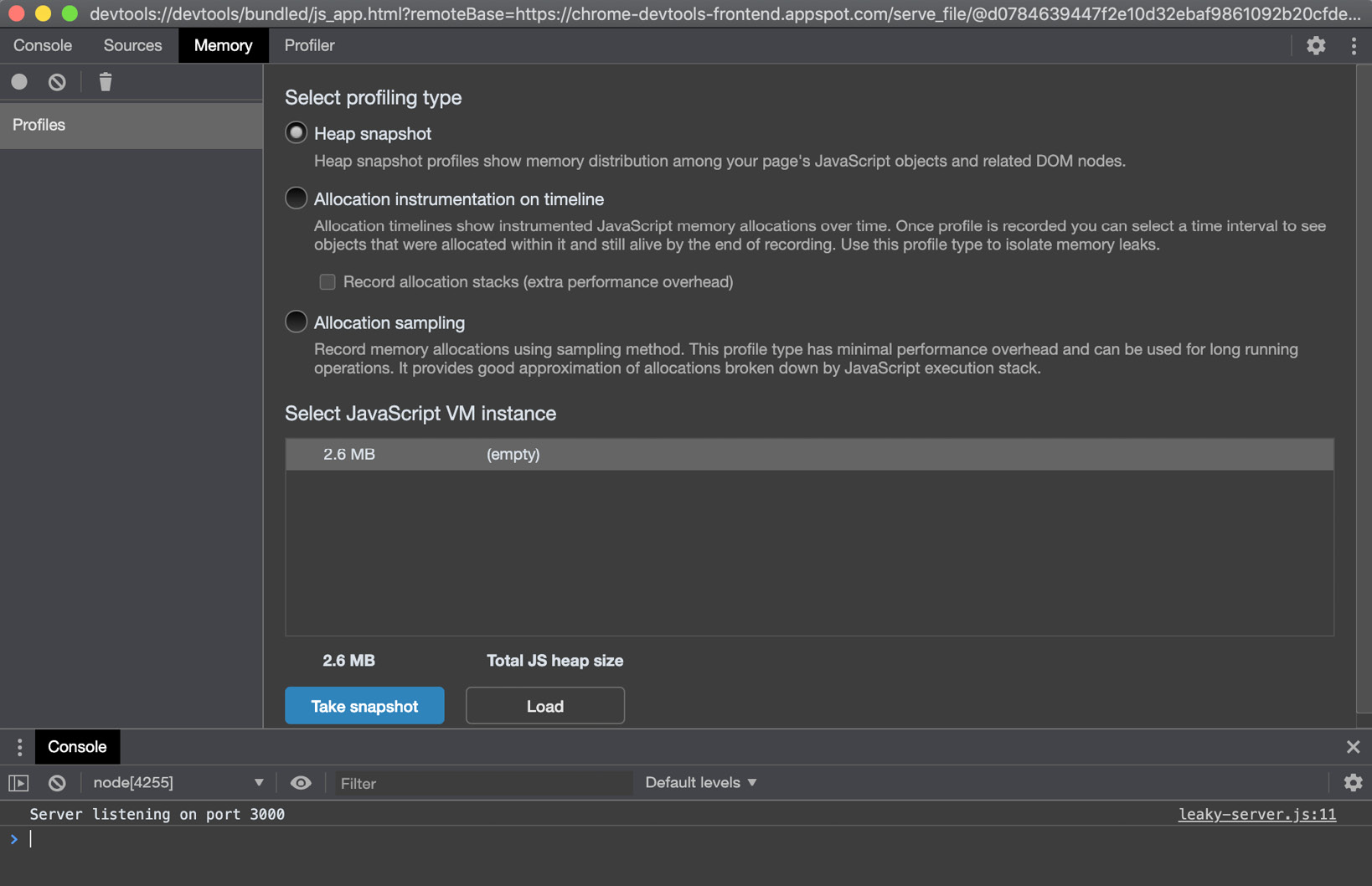 Figure 10.19 – The Chrome DevTools Memory interface 