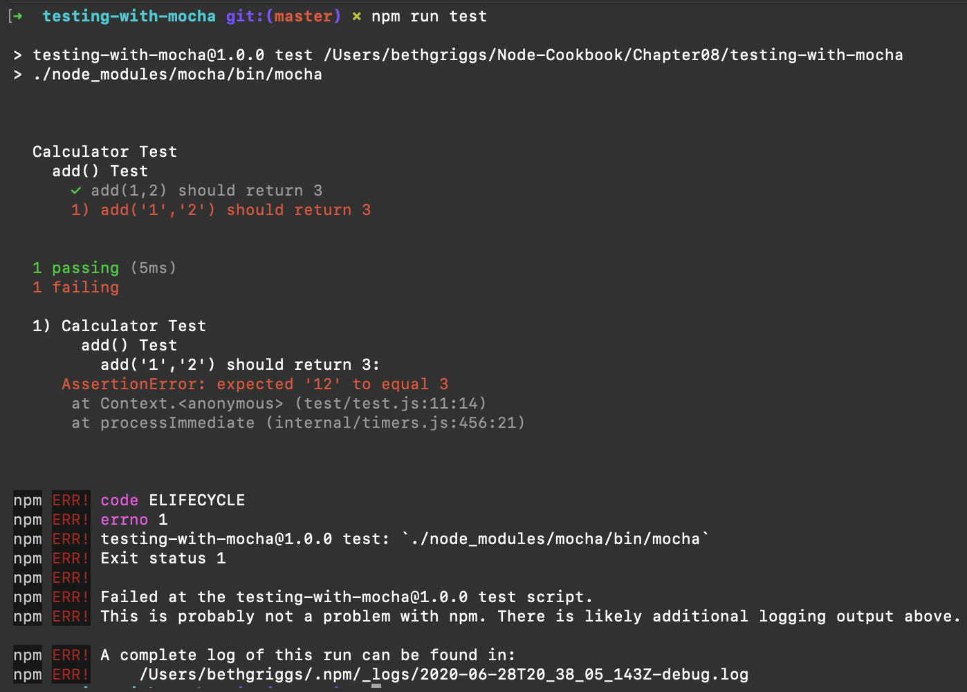 Fig. 8.3 – Terminal showing a Mocha test result summary 
