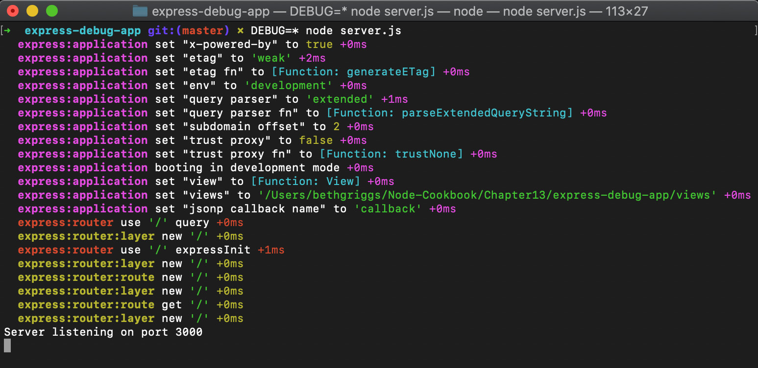 Figure 12.10 – Screenshot of a Terminal window depicting debug logs for the web server 