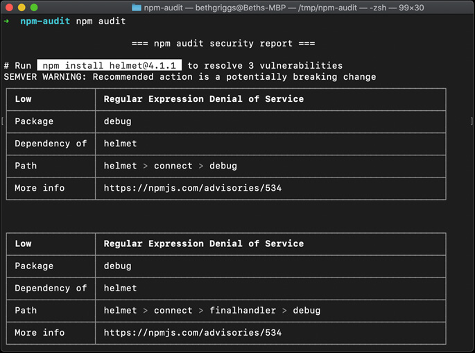 Figure 9.3 – npm audit output showing breaking change resolution 