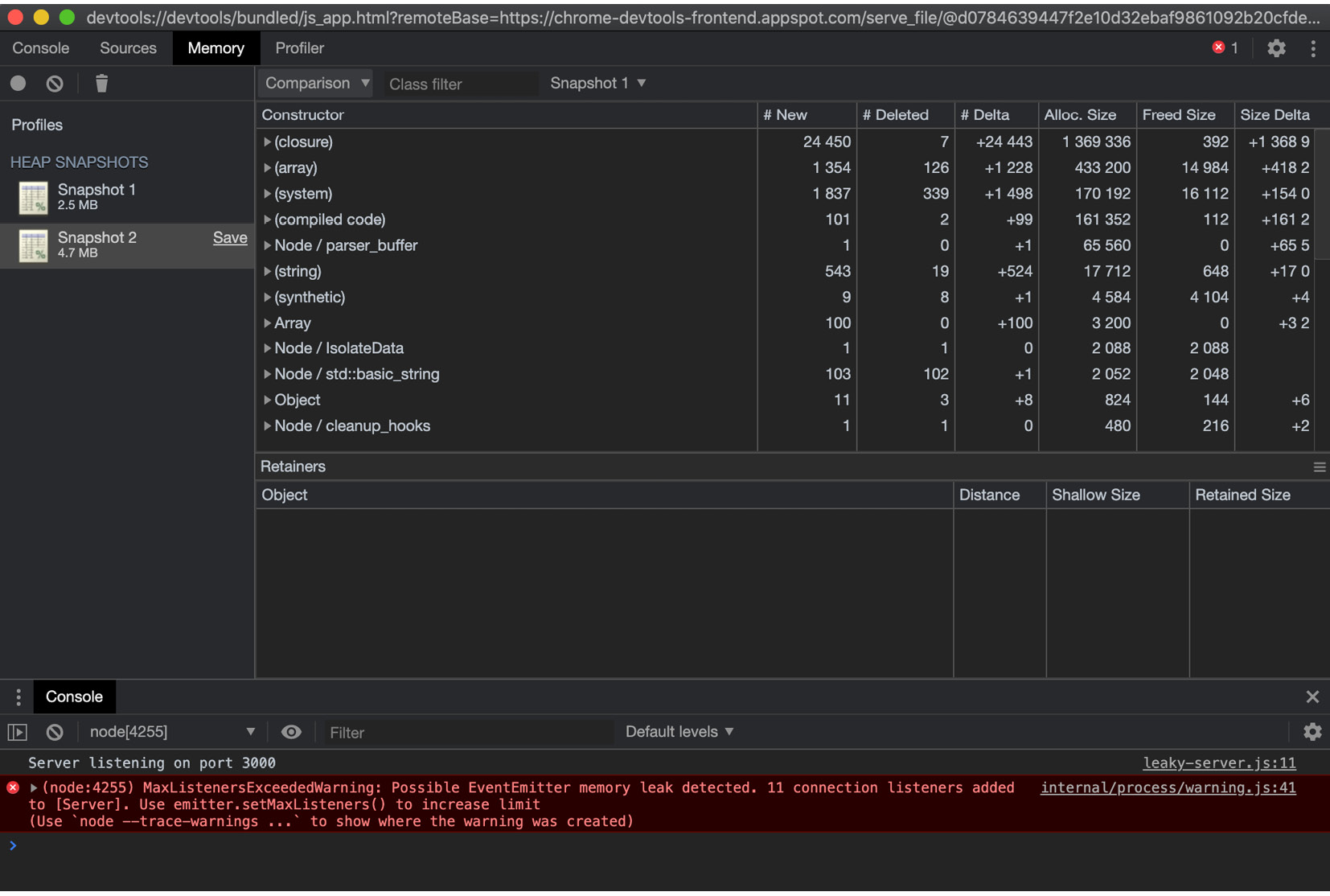 Figure 10.22 – Chrome DevTools memory snapshot comparison interface 