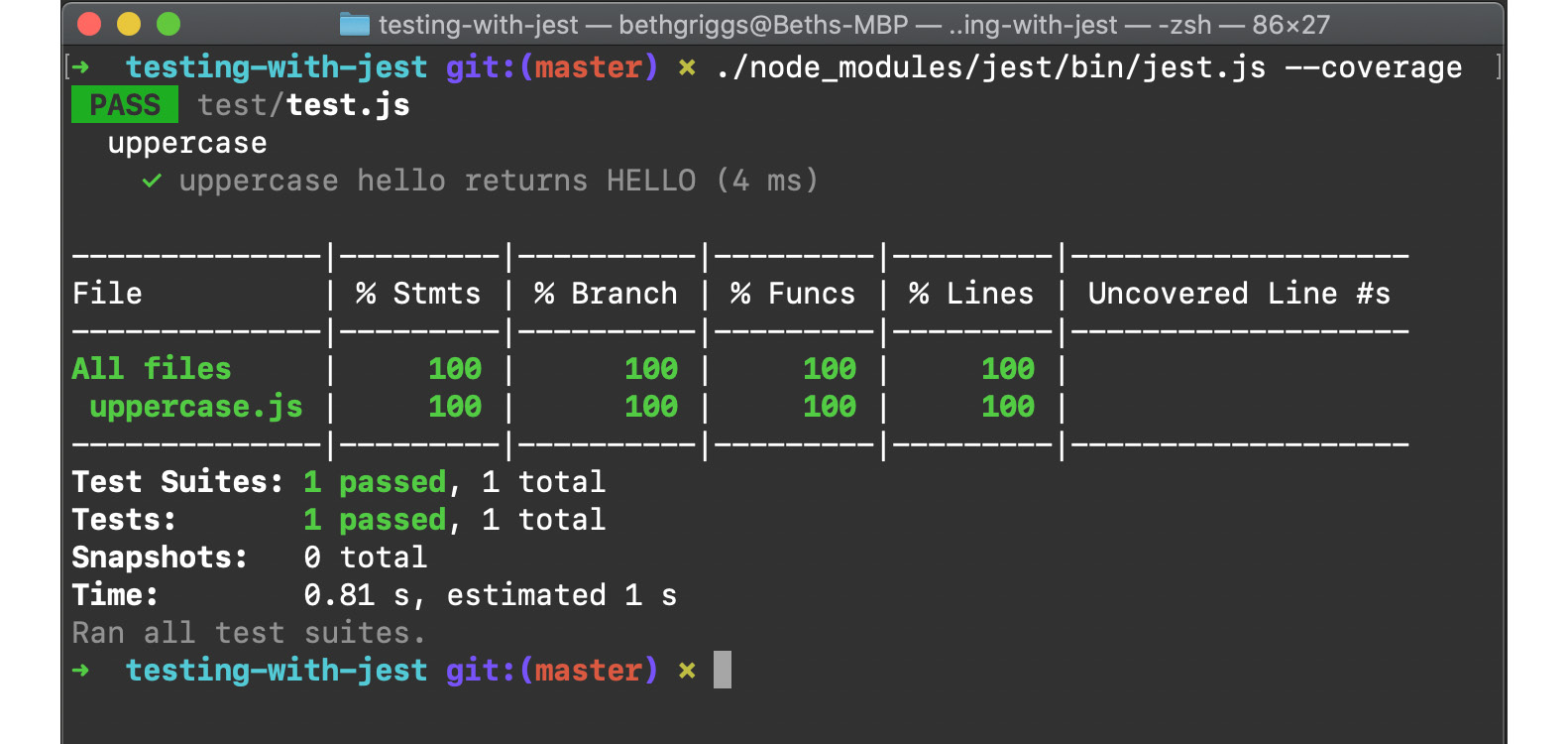 Fig. 8.4 – Terminal window showing a Jest code coverage report 