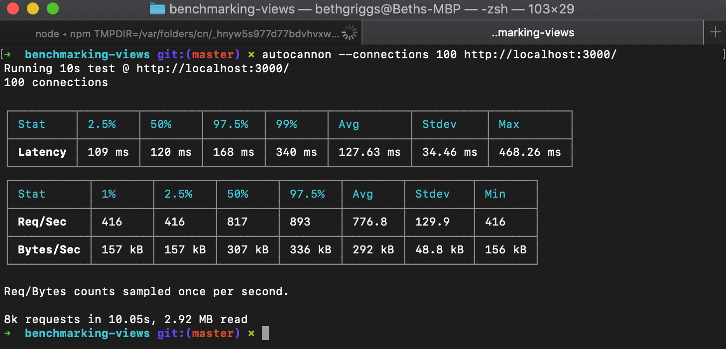 Figure 10.5 – autocannon result summary from the development mode run 