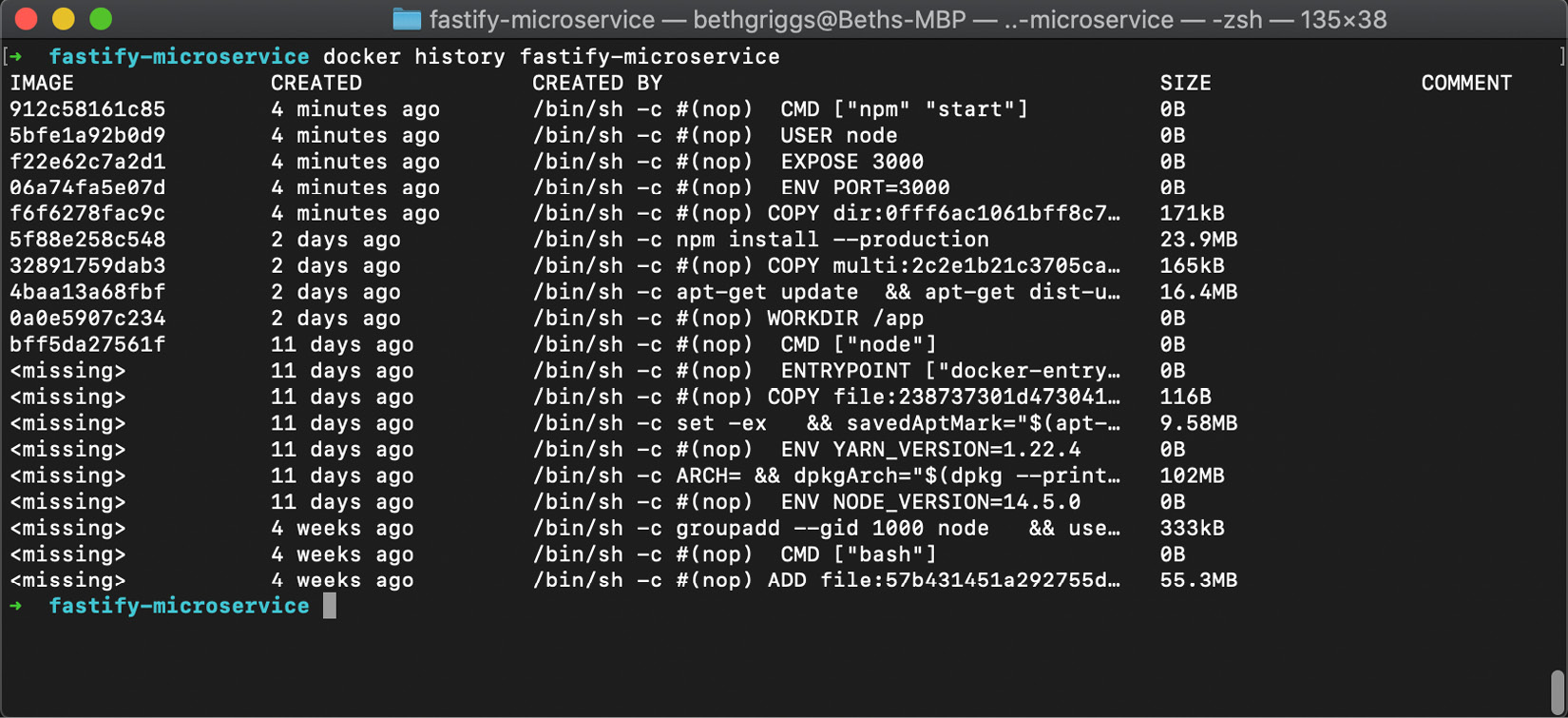 Figure 11.13 – Docker history output for the fastify-microservice image 
