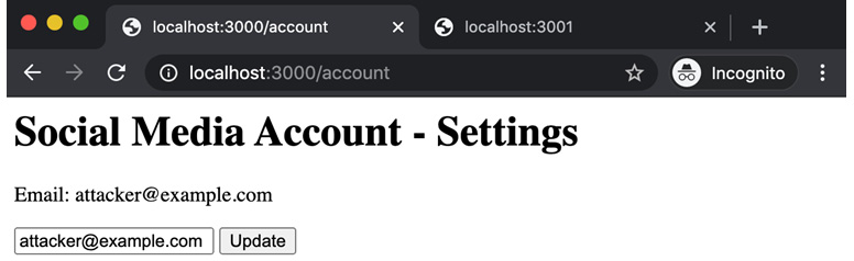 Figure 9.16 – Social Media Account settings page showing the email updated to attacker@example.com 