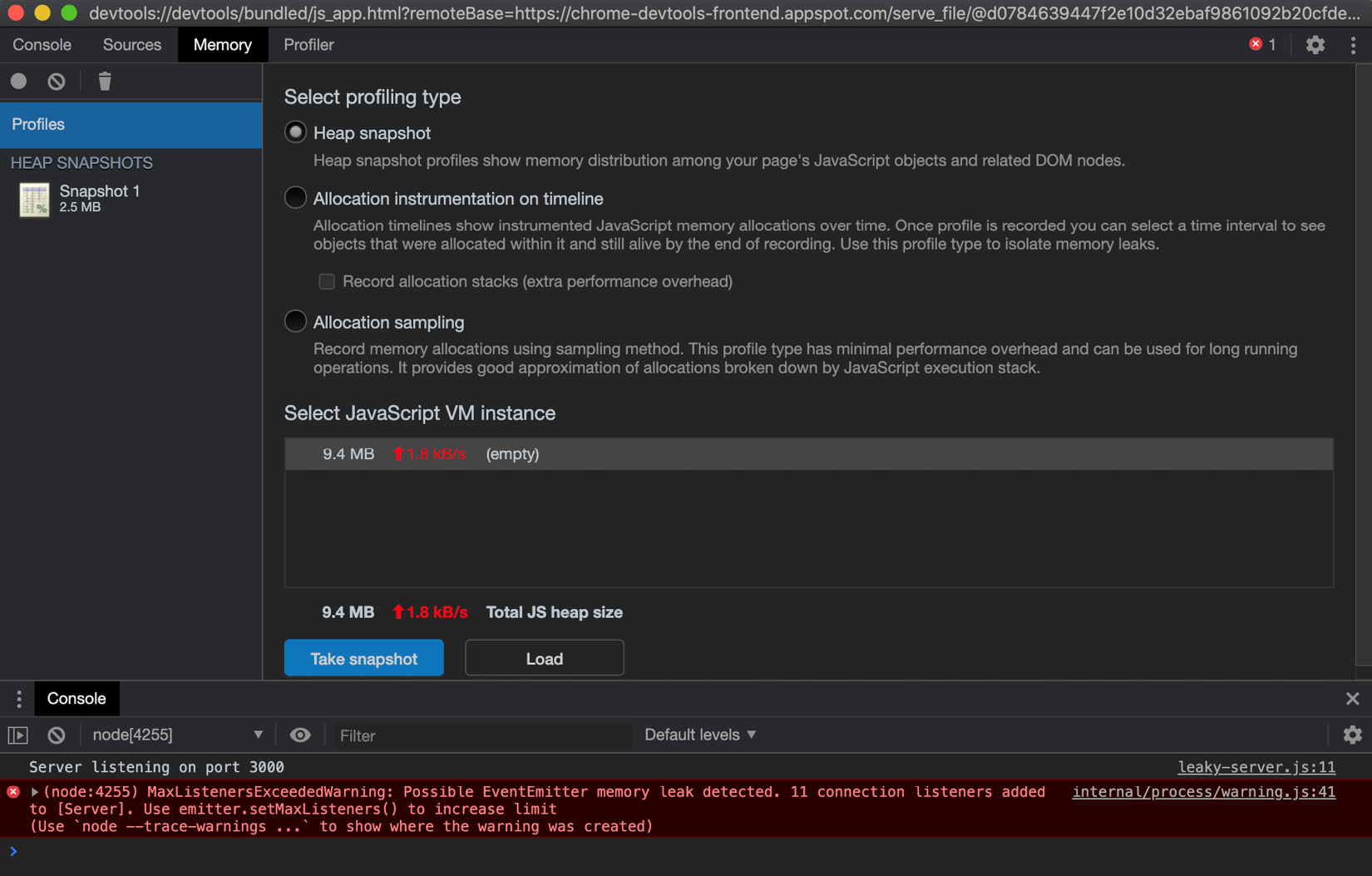 Figure 10.21 – Chrome DevTools memory snapshot interface 