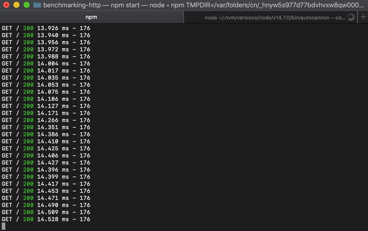 Figure 10.2 – The Express.js server handling many HTTP GET requests 