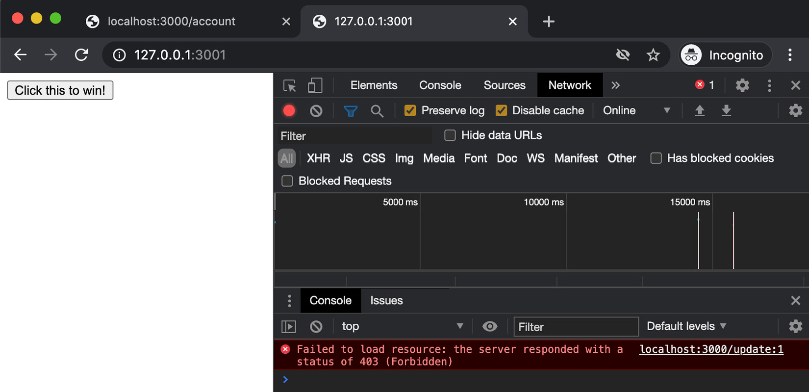 Figure 9.17 – Chrome DevTools window showing 403 (Forbidden) on our CSRF request  