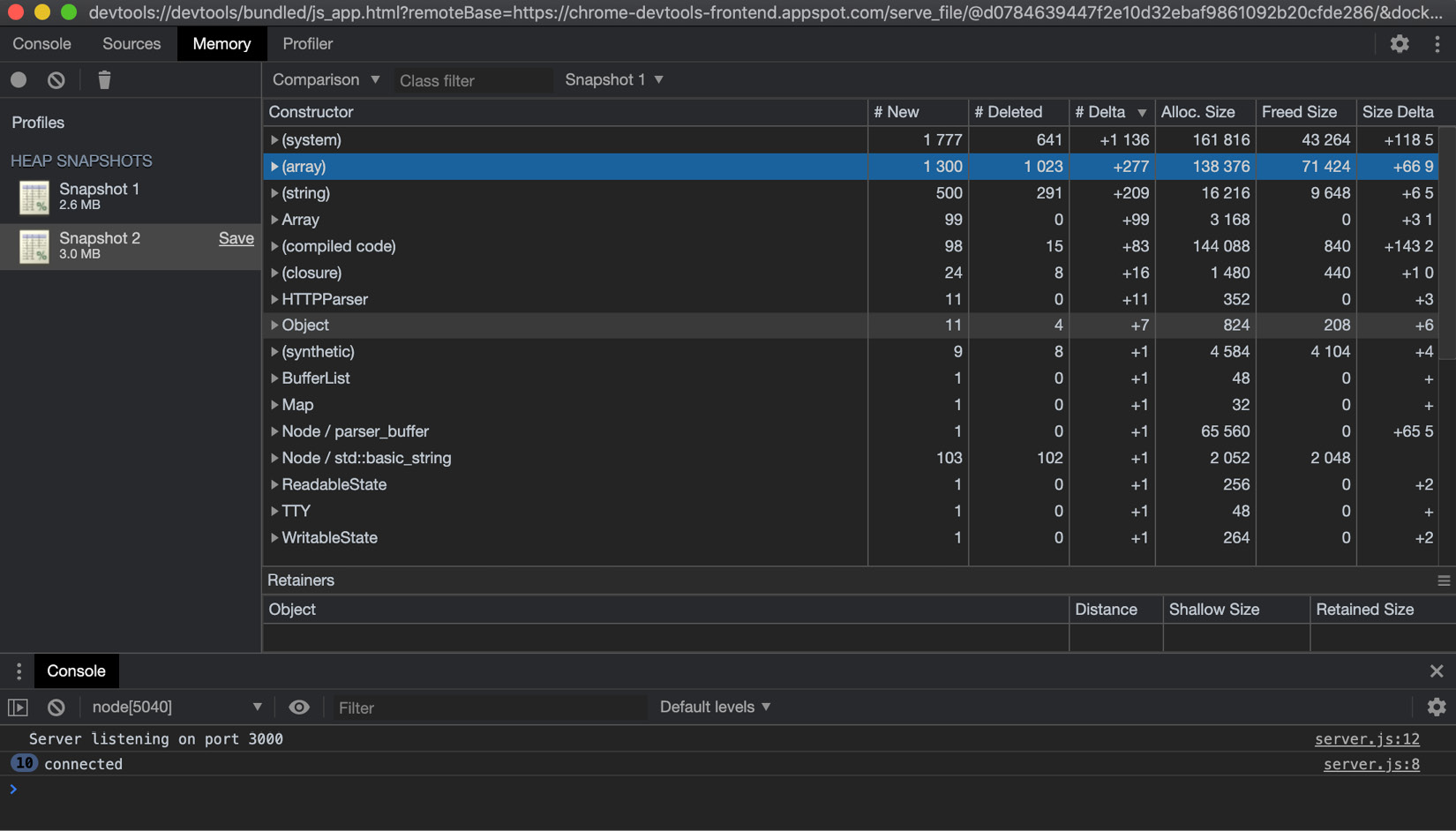 Figure 10.24 – Chrome DevTools memory snapshot comparison interface 