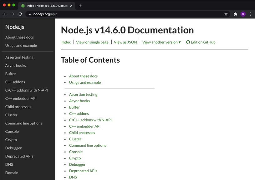 Figure 1.1 – Node.js API documentation home page 