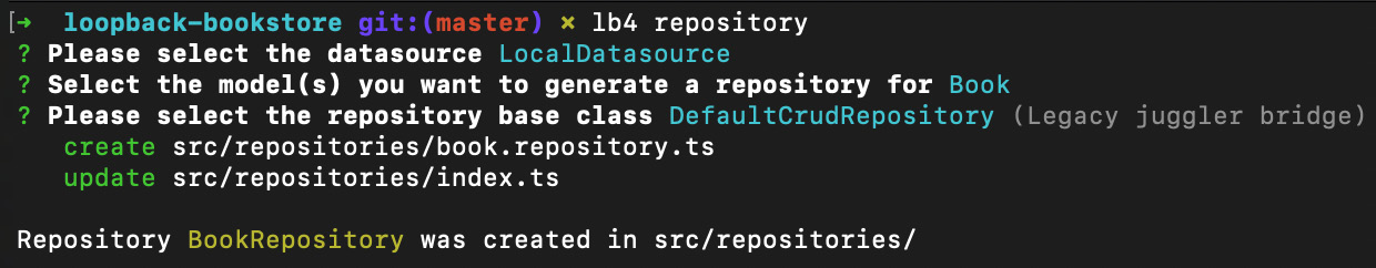 Figure 11.5 – Expected transcript of the LoopBack repository generator 