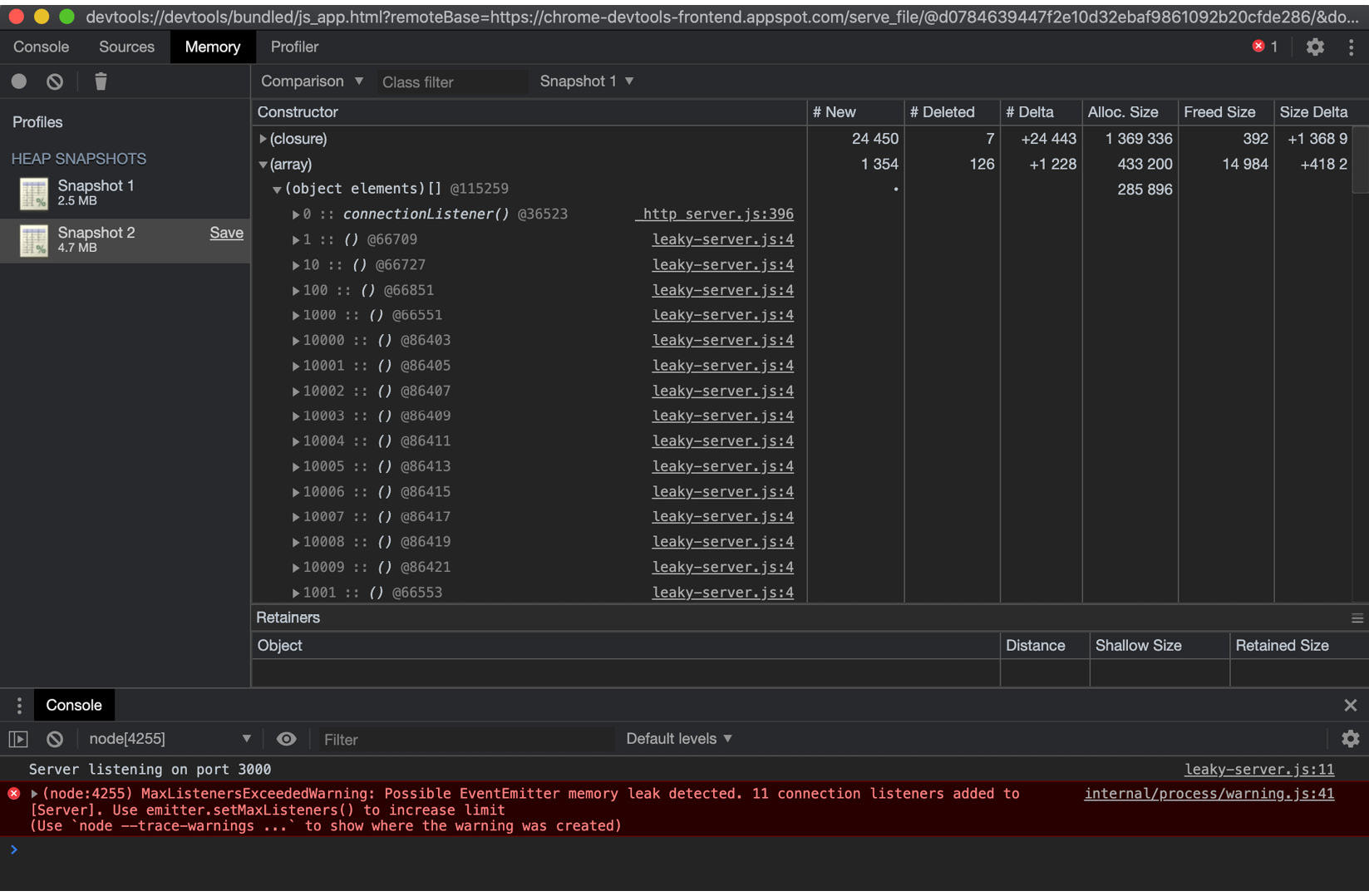 Figure 10.23 – Chrome DevTools memory snapshot comparison interface expanded 
