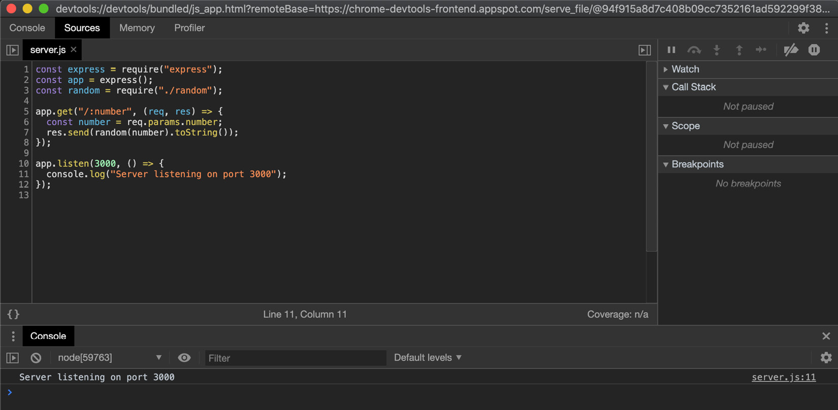 Fig. 12.3 Screenshot of the Chrome DevTools interface depicting the server.js file  