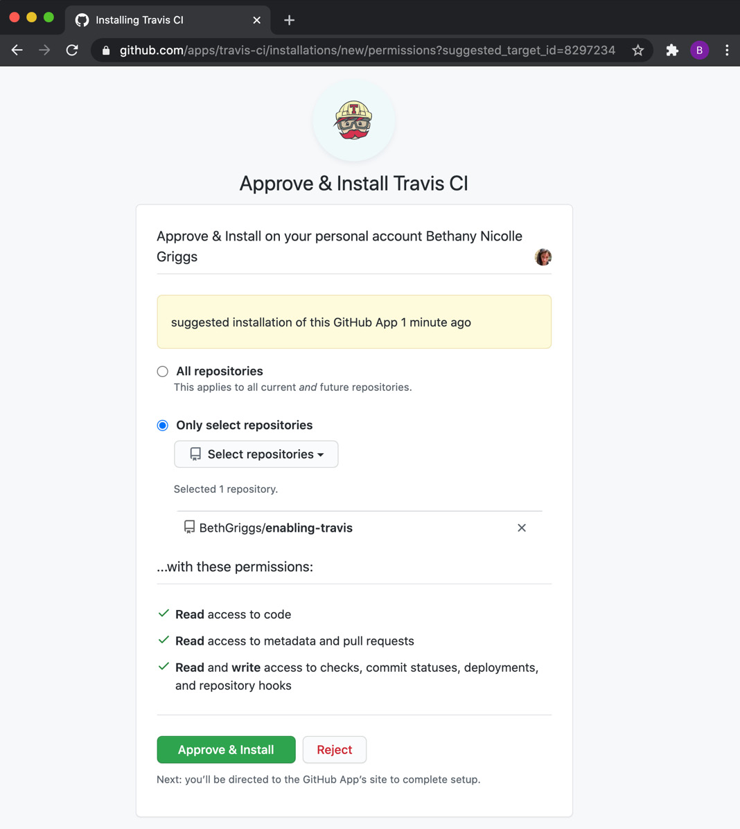 Figure 8.7 – Travis CI enabling integration interface 