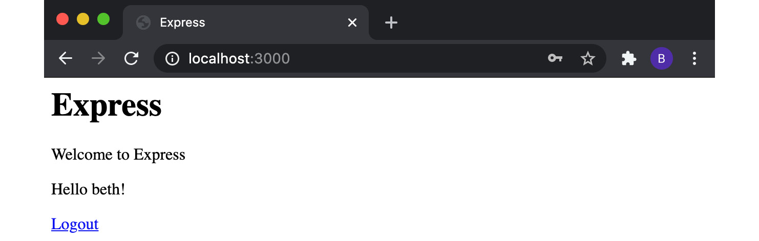 Figure 9.7 – The "Welcome to Express" page showing the "Hello beth!" message 
