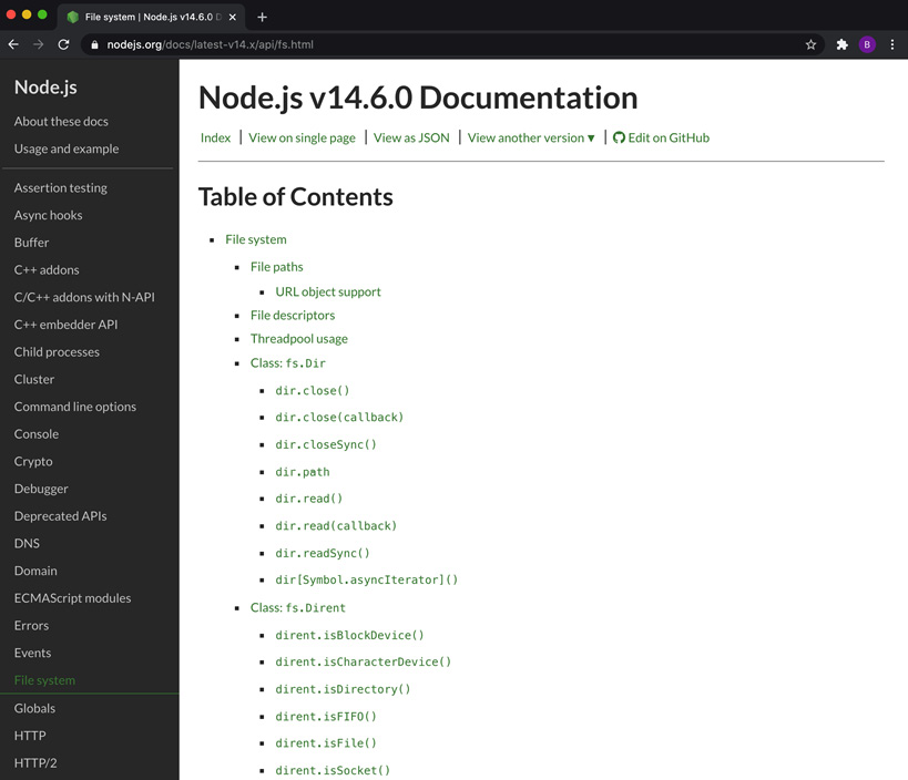 Figure 1.3 – Node.js API documentation for the File system subsystem 