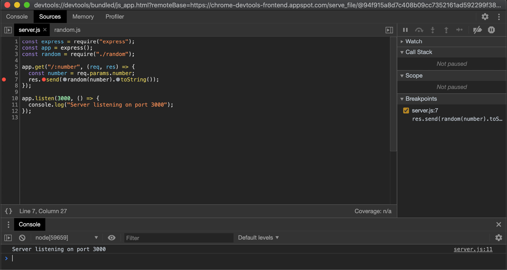 Figure 12.4 – Screenshot of Chrome DevTools showing a breakpoint registered in the server.js file 
