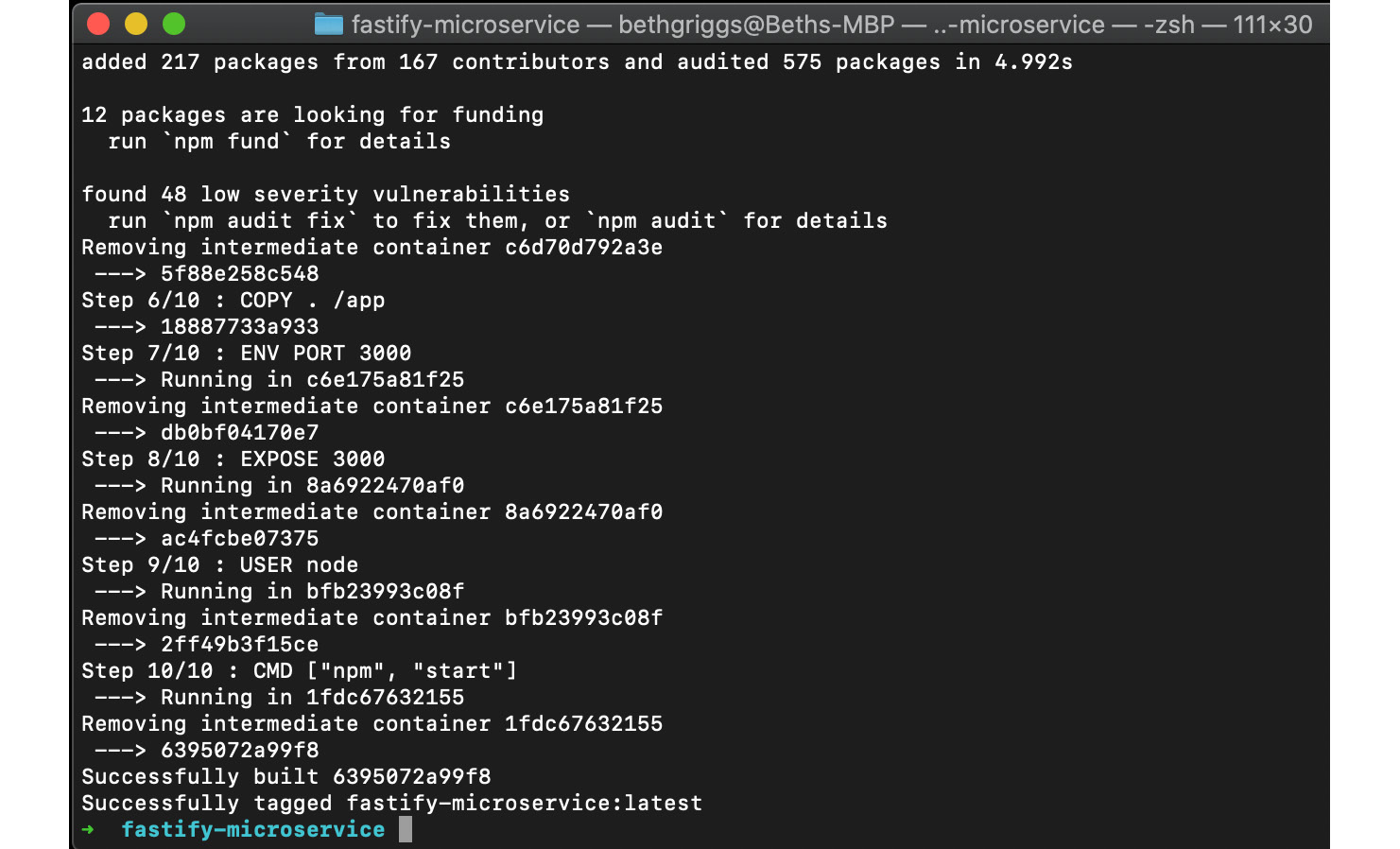 Figure 11.12 – Docker build output for the fastify-microservice image 