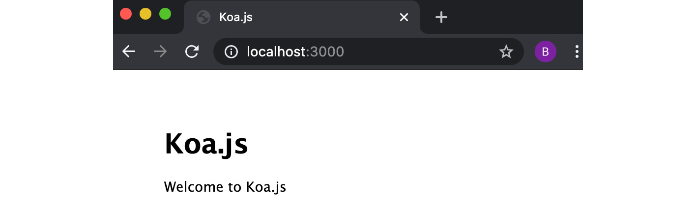 Figure 6.6 – Browser windows depicting the "Welcome to Koa.js" web page 